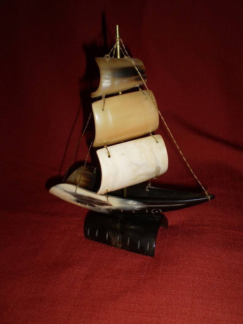 Vintage Carved Horn Sailing Clipper Ship Nautical Decor-1960's