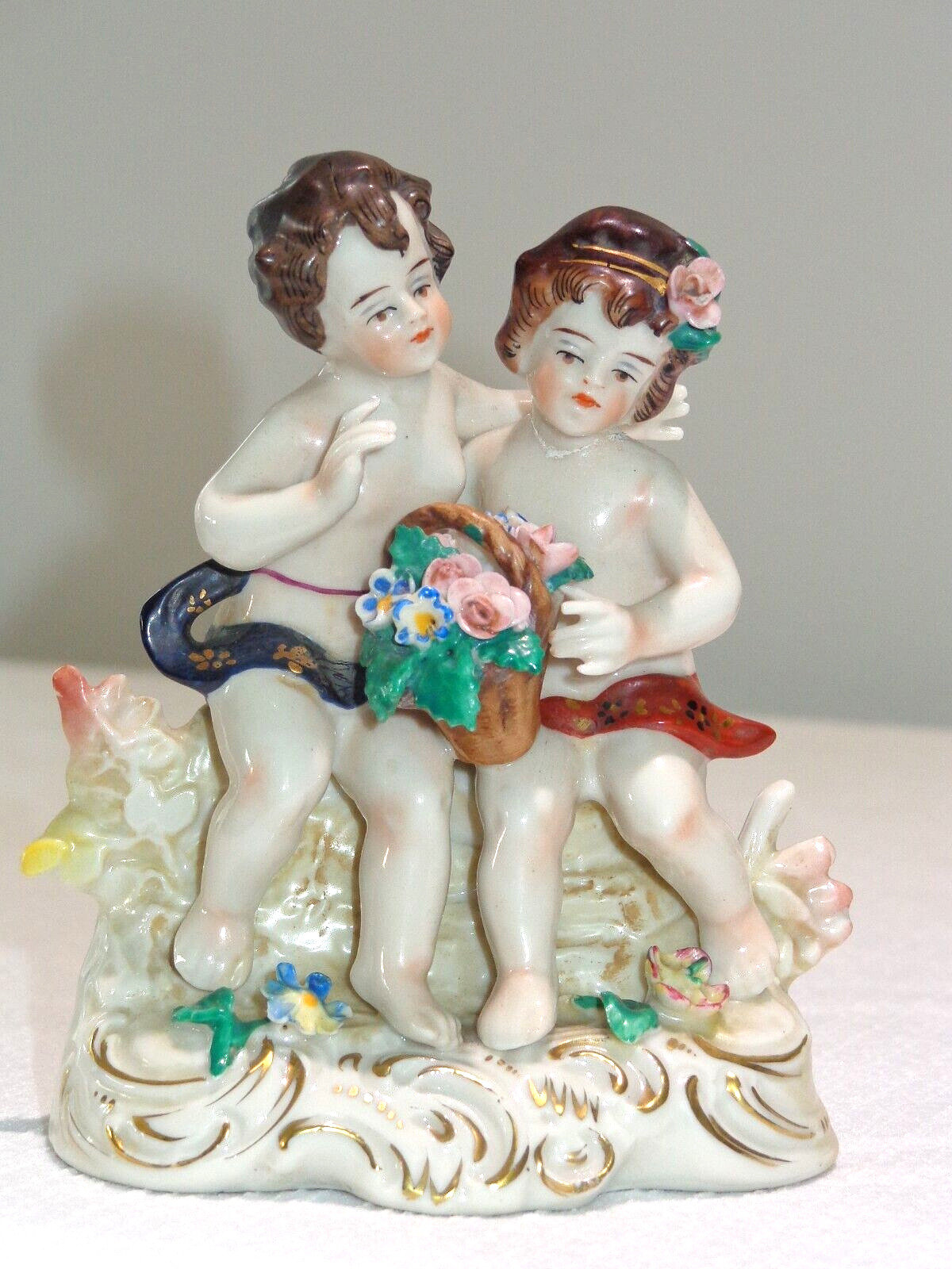 Antique L&R Germany Porcelain Dresden Style Cherub Couple Figurine