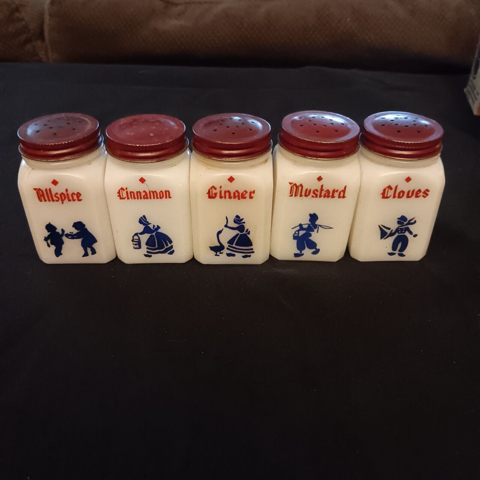 5 Vintage Milk Glass Spice Shakers Red Lids Original Label Franks Dove