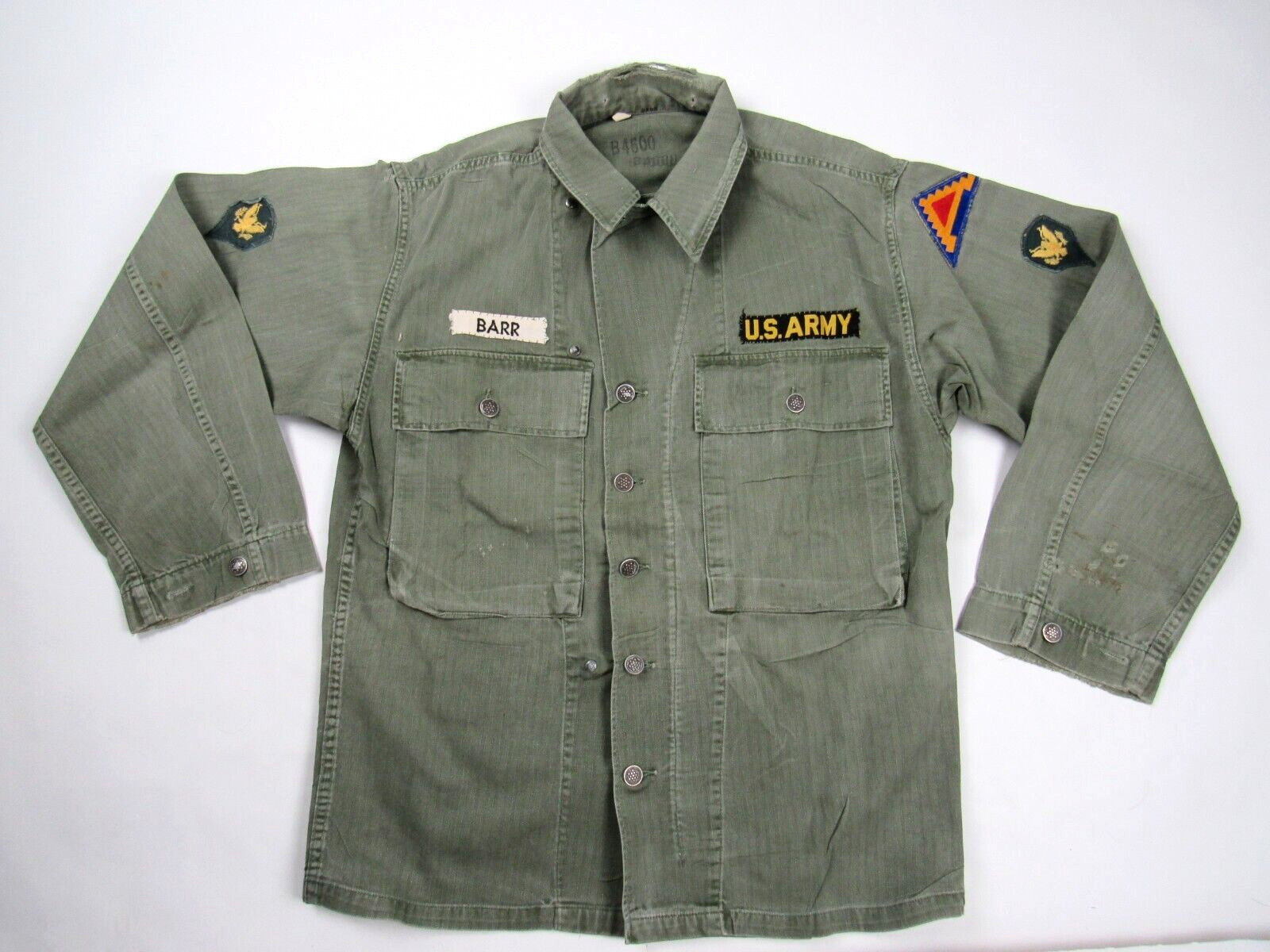 Vtg WWII Korean War Salty HBT Herringbone Twill Seventh Army Patch Shirt Jacket