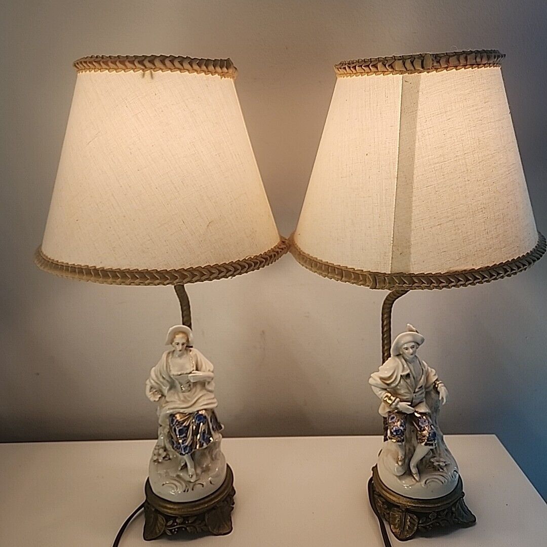 Vintage Victorian Porcelain Lady & a Gentleman Lamp w/ Lamp Shade