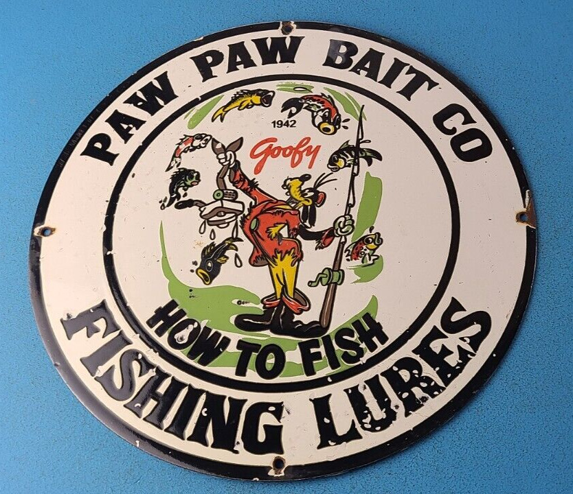 VINTAGE PAW PAW BAIT PORCELAIN GOOFY FISHING SALES LURES DISNEY GAS PUMP SIGN
