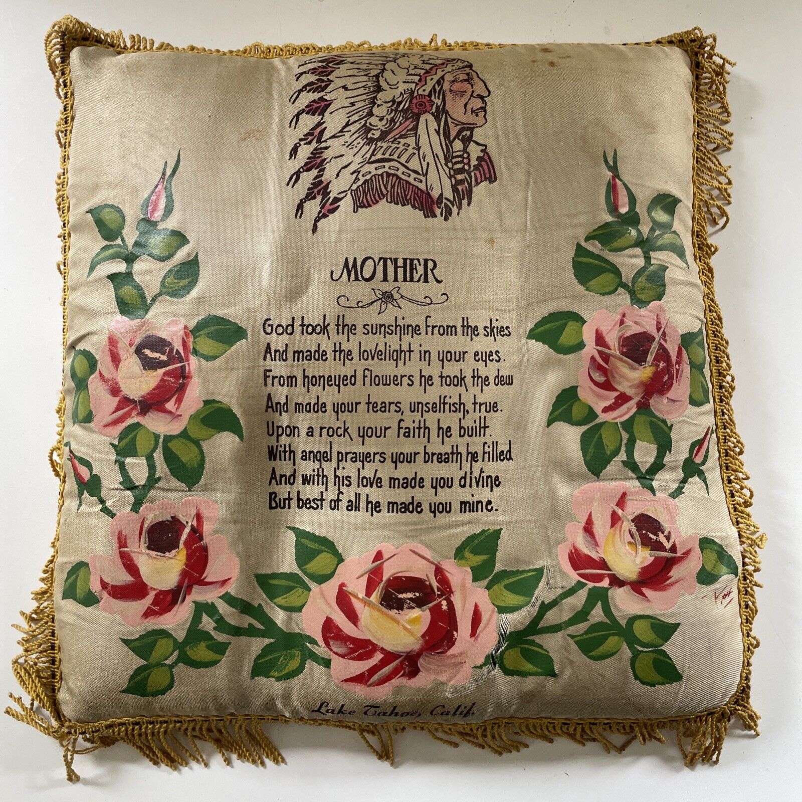 Antique Vintage Army Mother Pillow Native American 