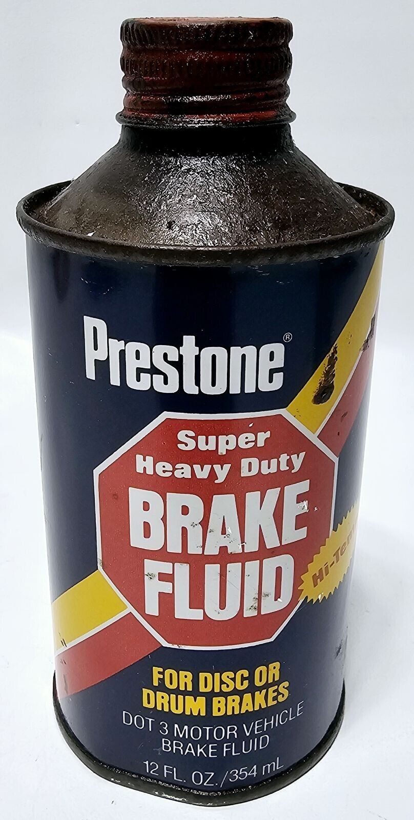 Vintage PRESTONE DOT 3 Super Heavy Duty Hi-Temp Brake Fluid Metal Can 12oz~EMPTY