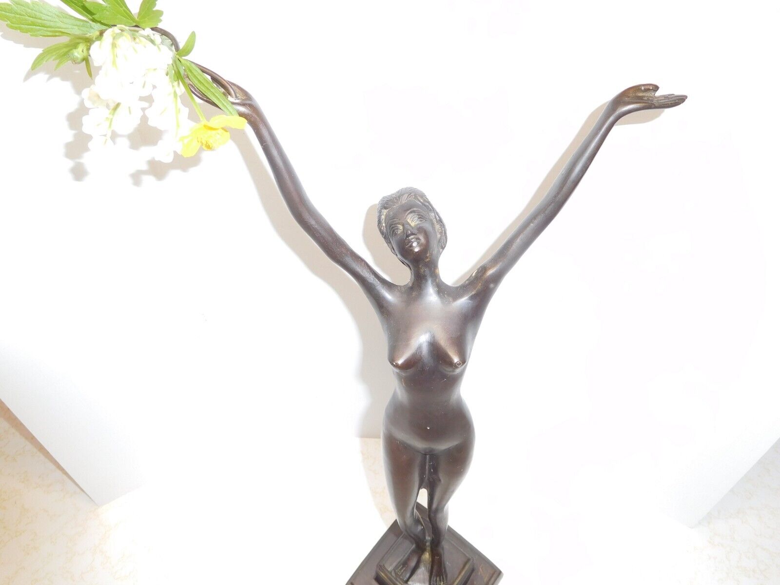 Vint. Art Nouveau Triumphant Slender Woman Dried Flower/Vase Holder Metal Statue
