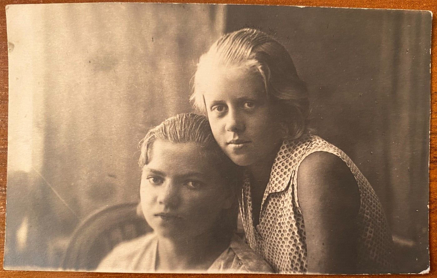1932 Photo portrait of a two beautiful girls, soviet gentle girls Vintage photo