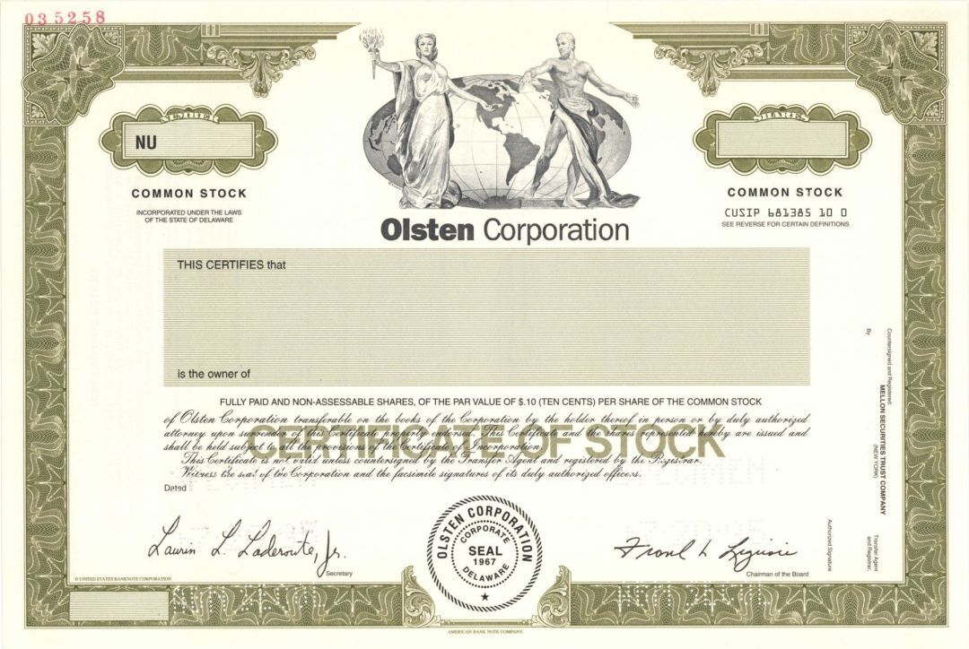 Olsten Corp. - 1995 Specimen Stock Certificate - Specimen Stocks & Bonds