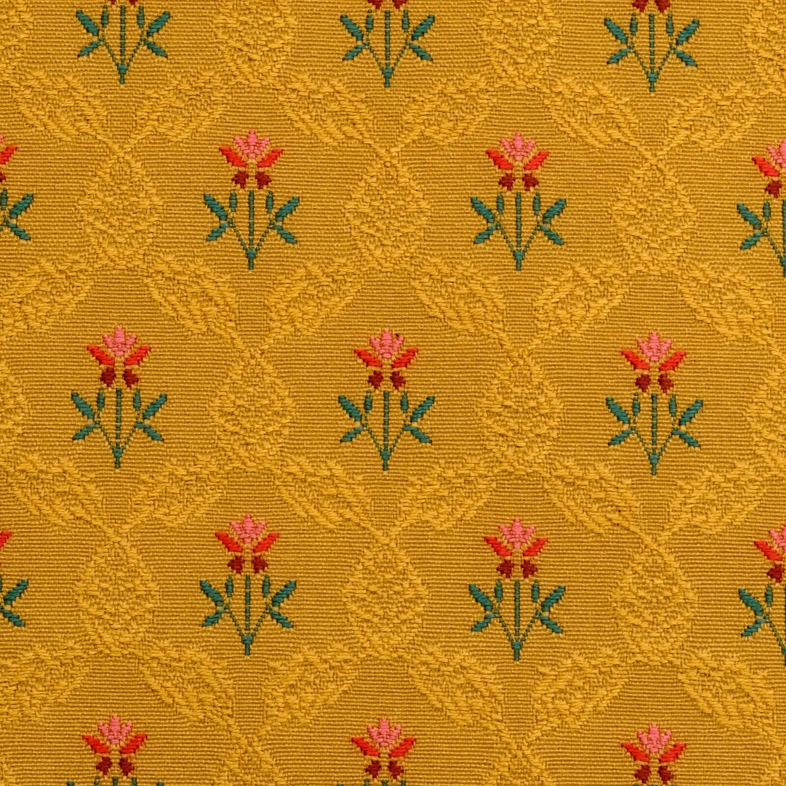 Ochre Flower Centered Circle Lattice Rib Weave Lampas Fabric| 3.78 yds. x 72 in.