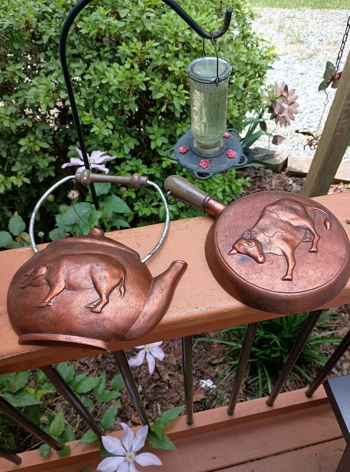 Vtg  1970s Set, 2 Resin Copper Colored Teapot/Pan Hanging Kitchen Cow/Pig Rustic