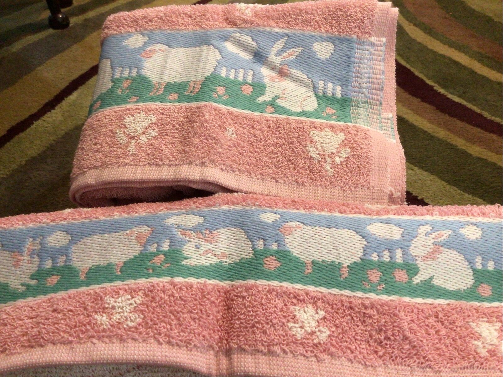 Vintage lot of bath towel, hand towel, littler hand towels, lambs & bunniesNEW