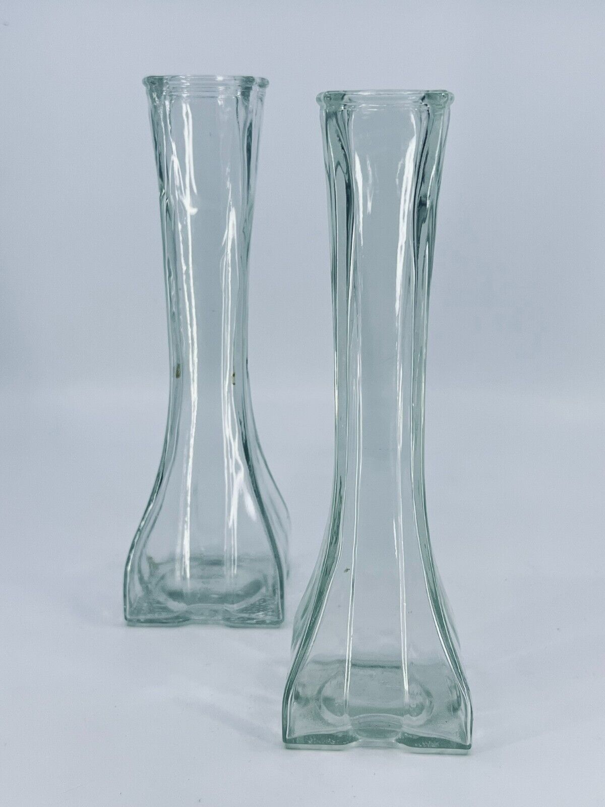 Vtg. Set of 2 Europa Clear Glass Crystal Vases square bottom 2 sizes 9\