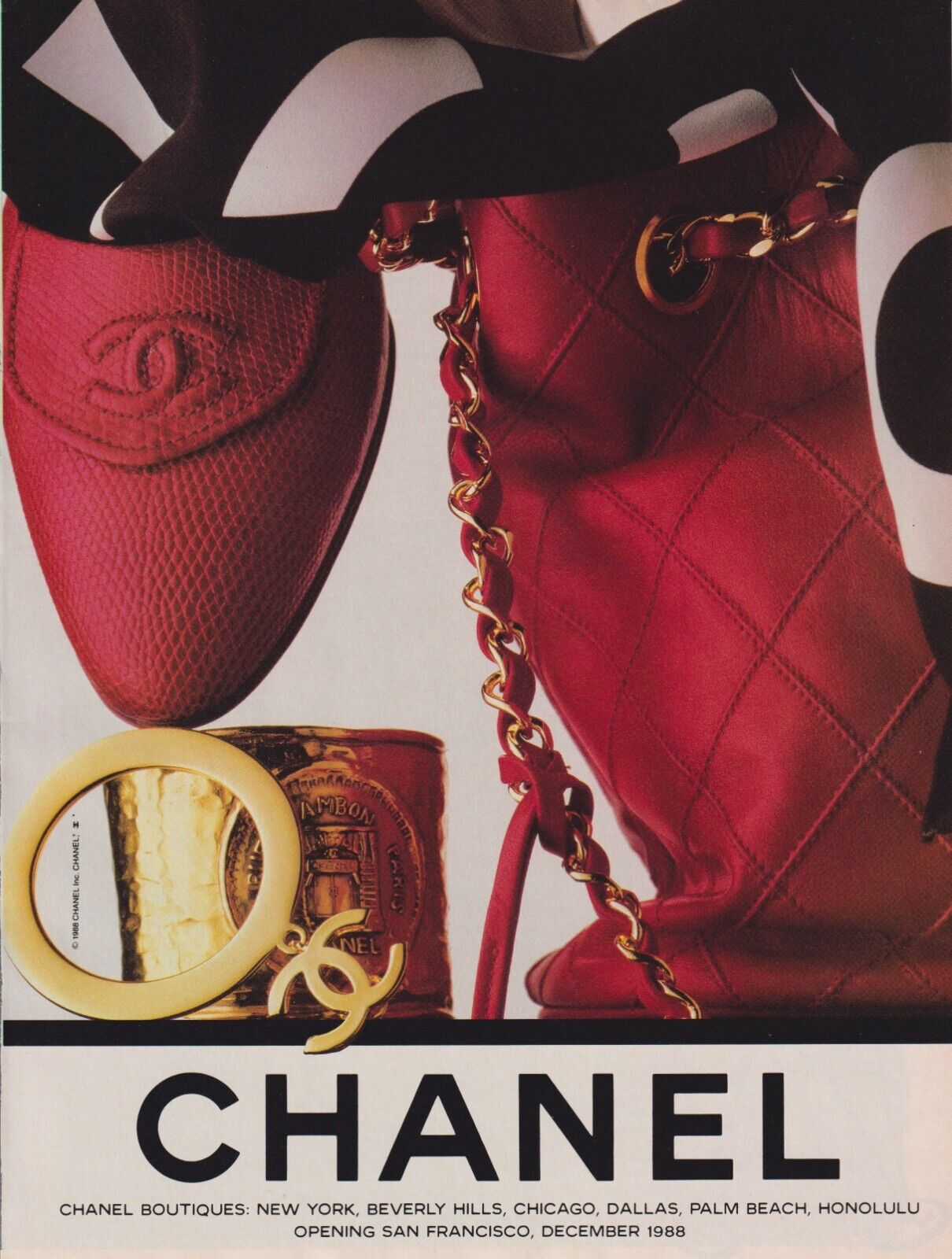 Chanel Accessories Vintage 1988 Print Ad Page Boutiques Red Shoes Purse Jewelry