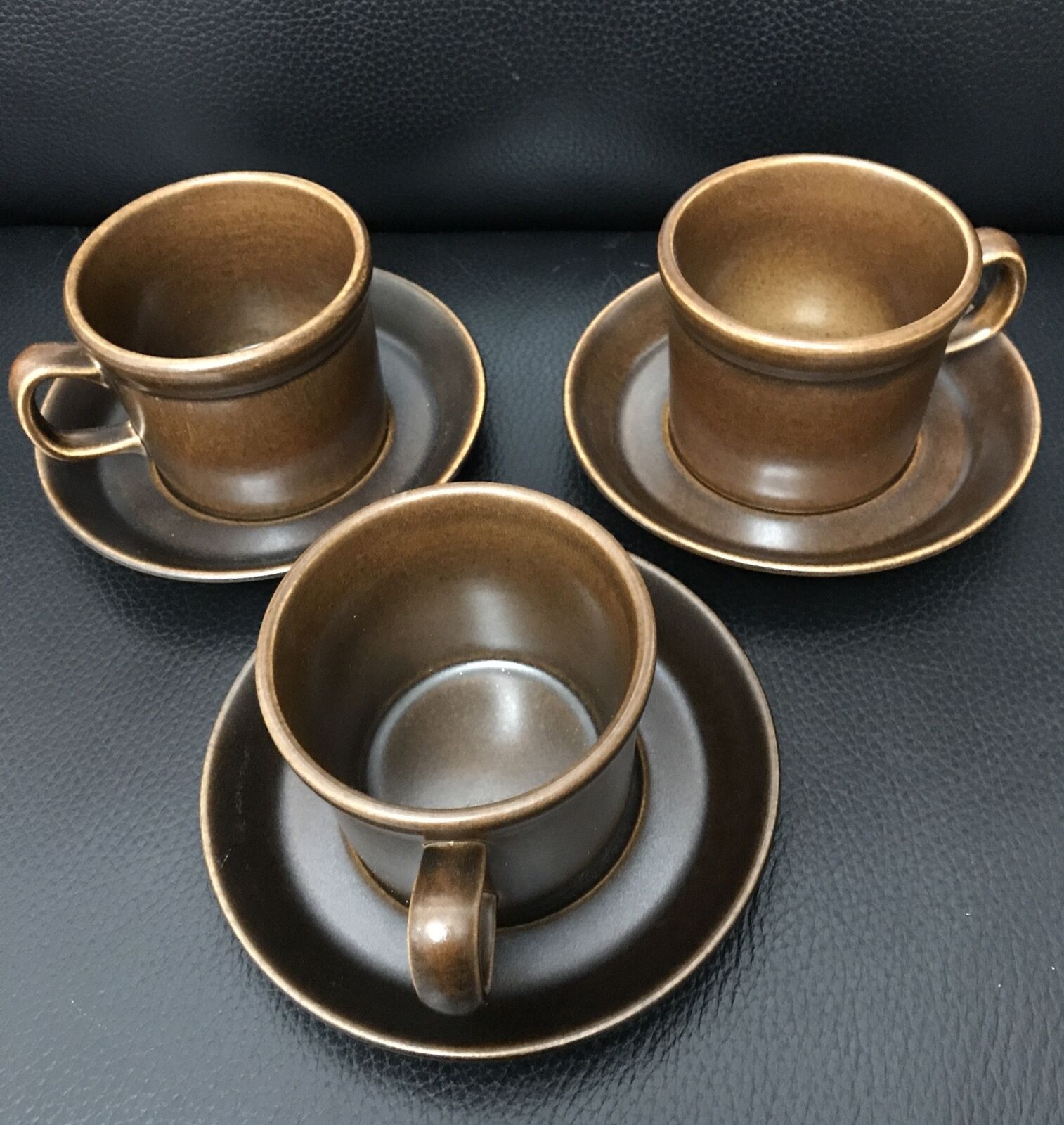 Vtg Wedgewood Sterling Brown Glaze Stoneware 3 X Cup & 3 X Saucers