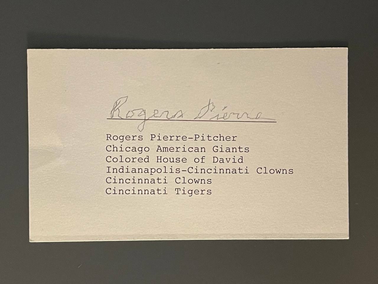 Rogers Pierre Autographed Index Card Negro League Pitcher Chicago American Giant