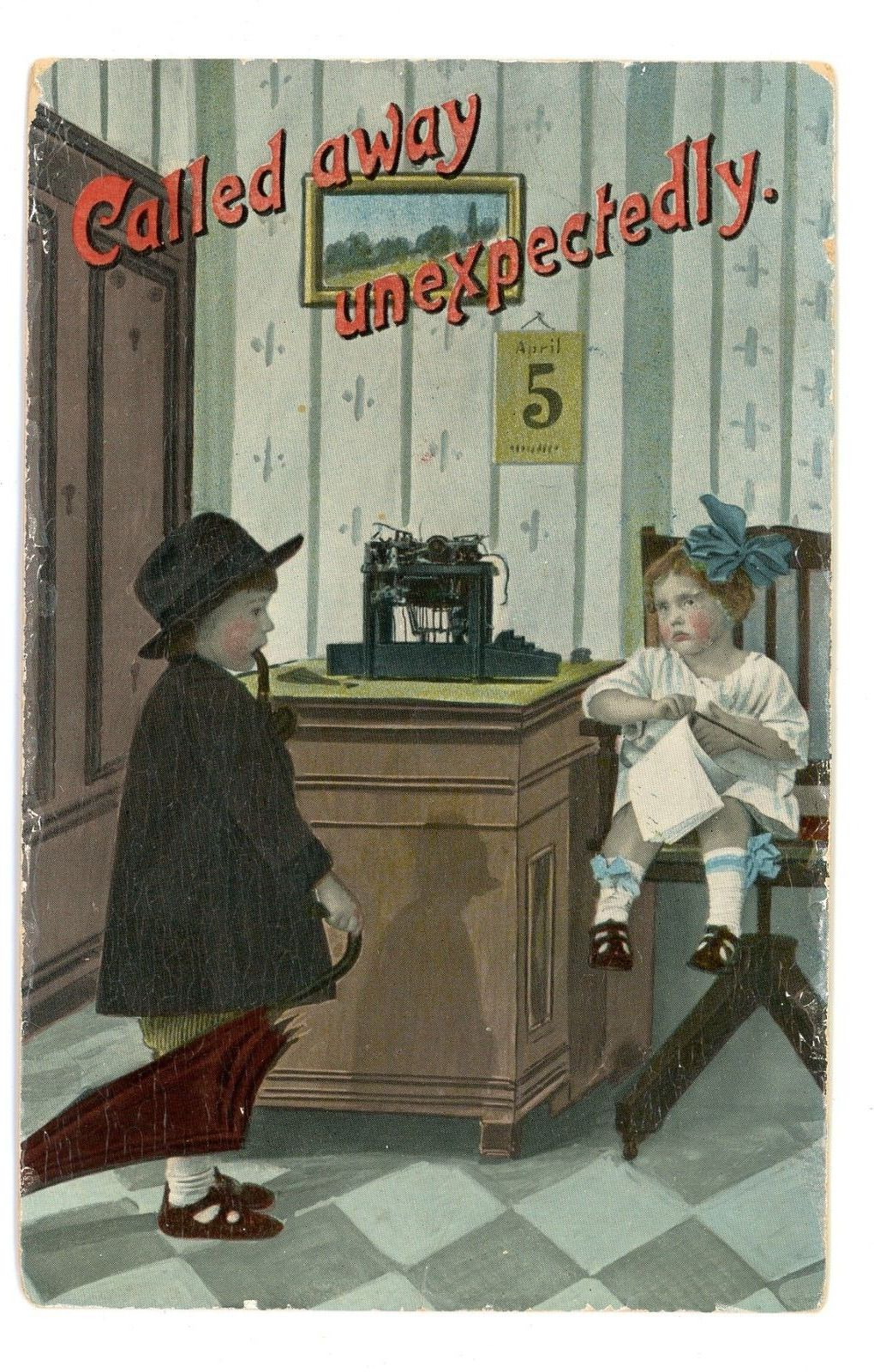 Antique Samson Brothers Gel Postcard Kids Playing Office 1914 Rcd Cancel Only
