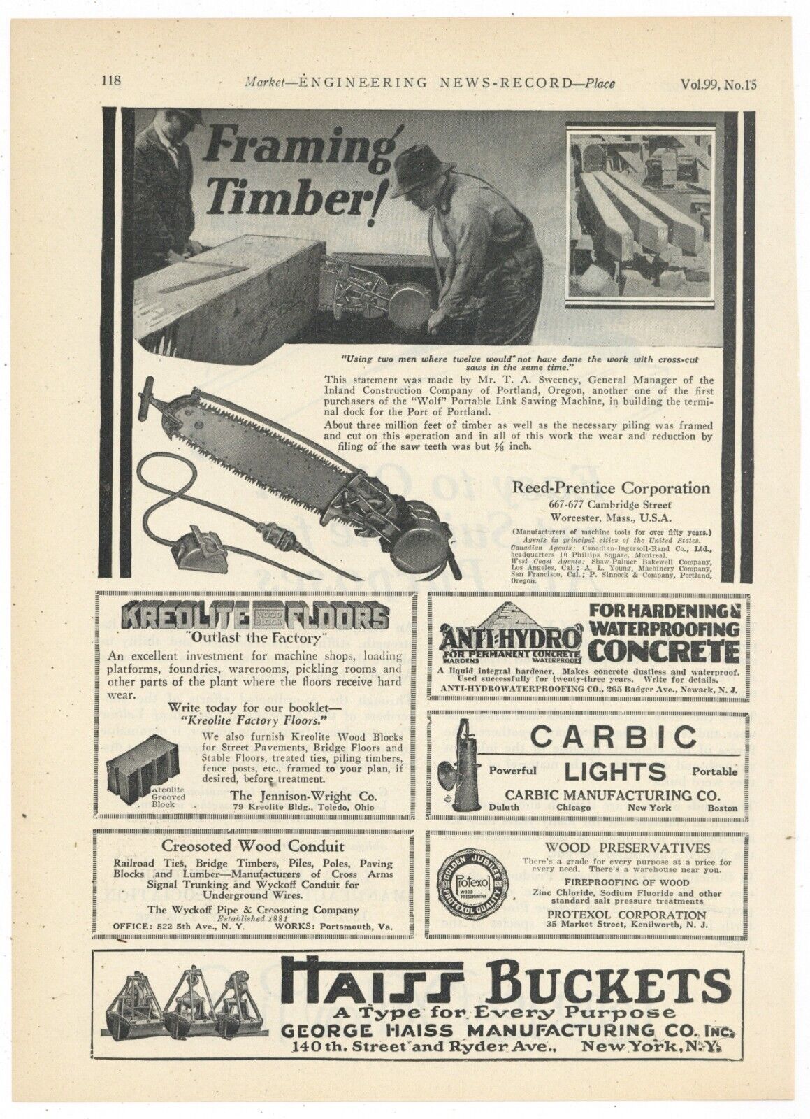 1927 Reed Prentice Ad: Inland Construction Co. Portland, Oregon - Wolf Saw