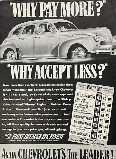 1941 Original Vintage Chevrolet Chevy Car Coupe Automobile Truck Auto AD