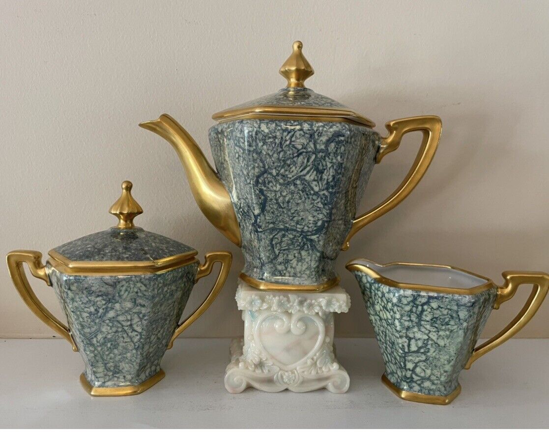 Rare Vintage Pickard Tea Set TeaPot Creamer Sugar bowl Green Pattern W/Gold Trim