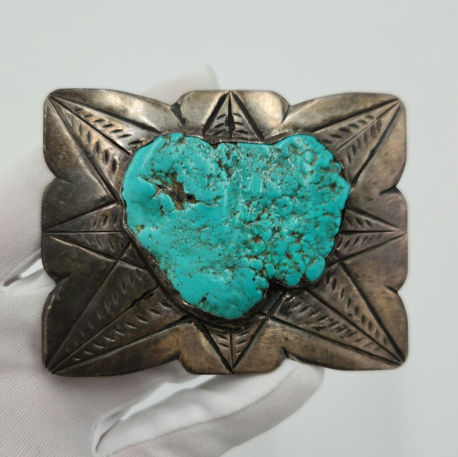 Southwestern Style Vintage Sterling Silver w/ Turquoise Accent Heavy Belt Buckle