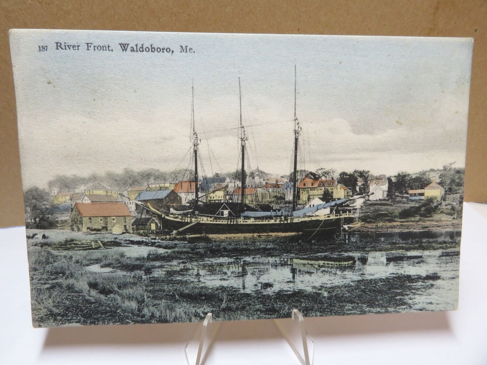 3 Masted Schooner Waterfront Waldoboro ME Postcard 1908