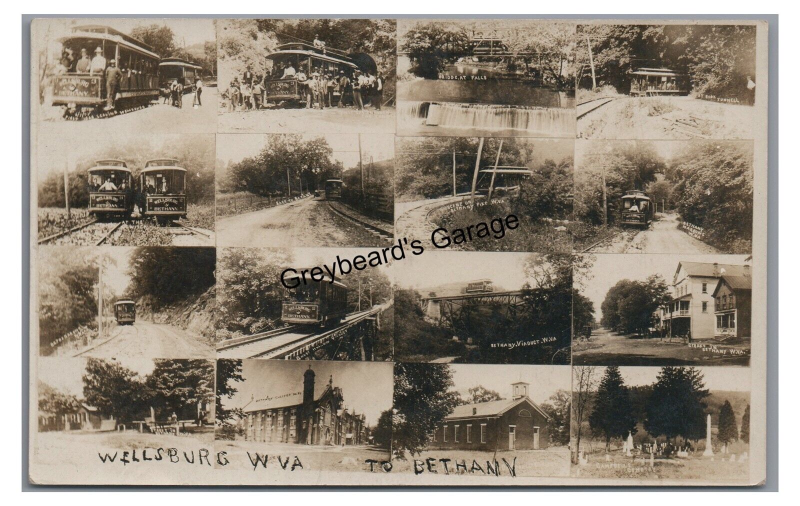 RPPC 16 Views TROLLEYS from WELLSBURG WV to BETHANY WV Real Photo Postcard