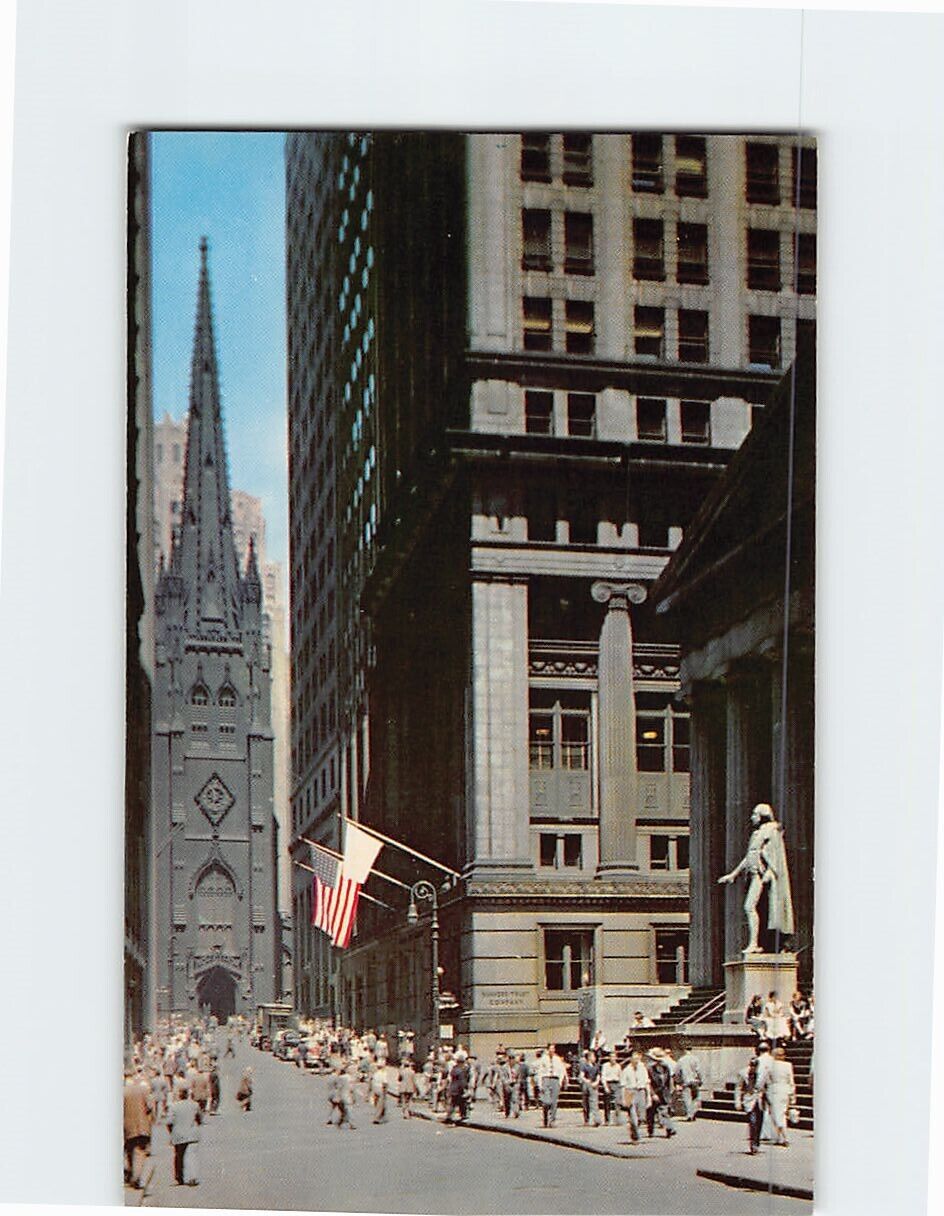 Postcard Wall Street US Treasury Building Trinity Church New York City New York
