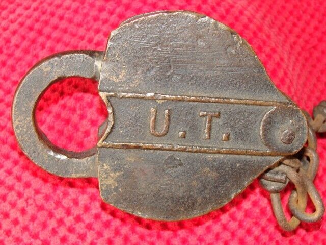 Union Terminal Railroad Cast Brass Lock & Old Chain UT Railway Padlock No Key 