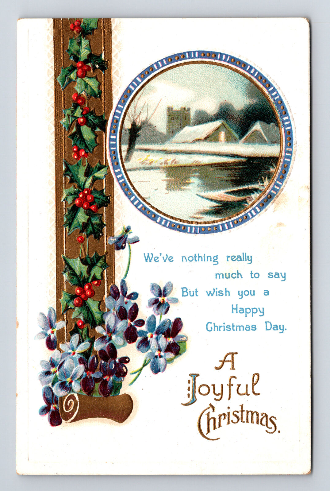 c1912 Joyful Christmas Violet Flowers Mistletoe Snowy Hamlet Canoe IAPC Postcard