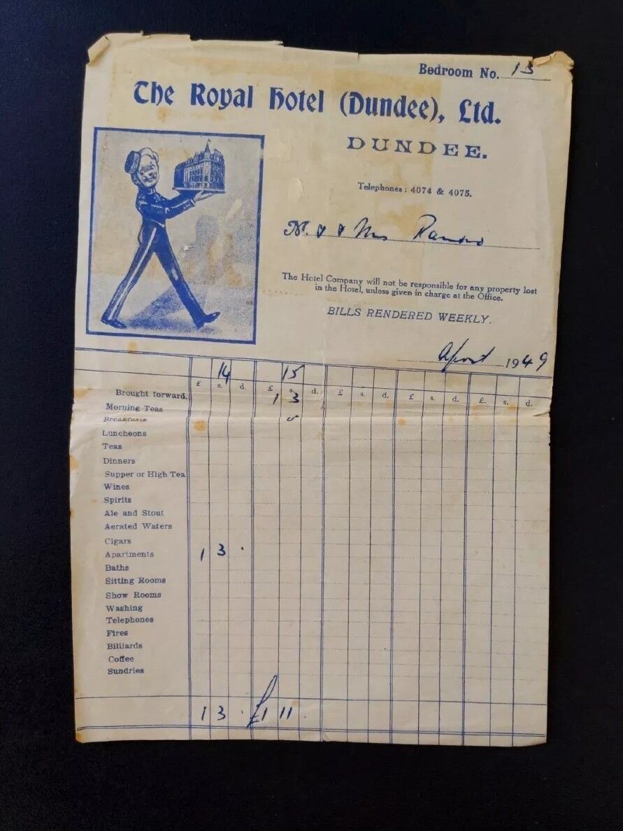 1949 The Royal Hotel Dundee Ltd Hotel Bill ~ High Tea ~ Stout