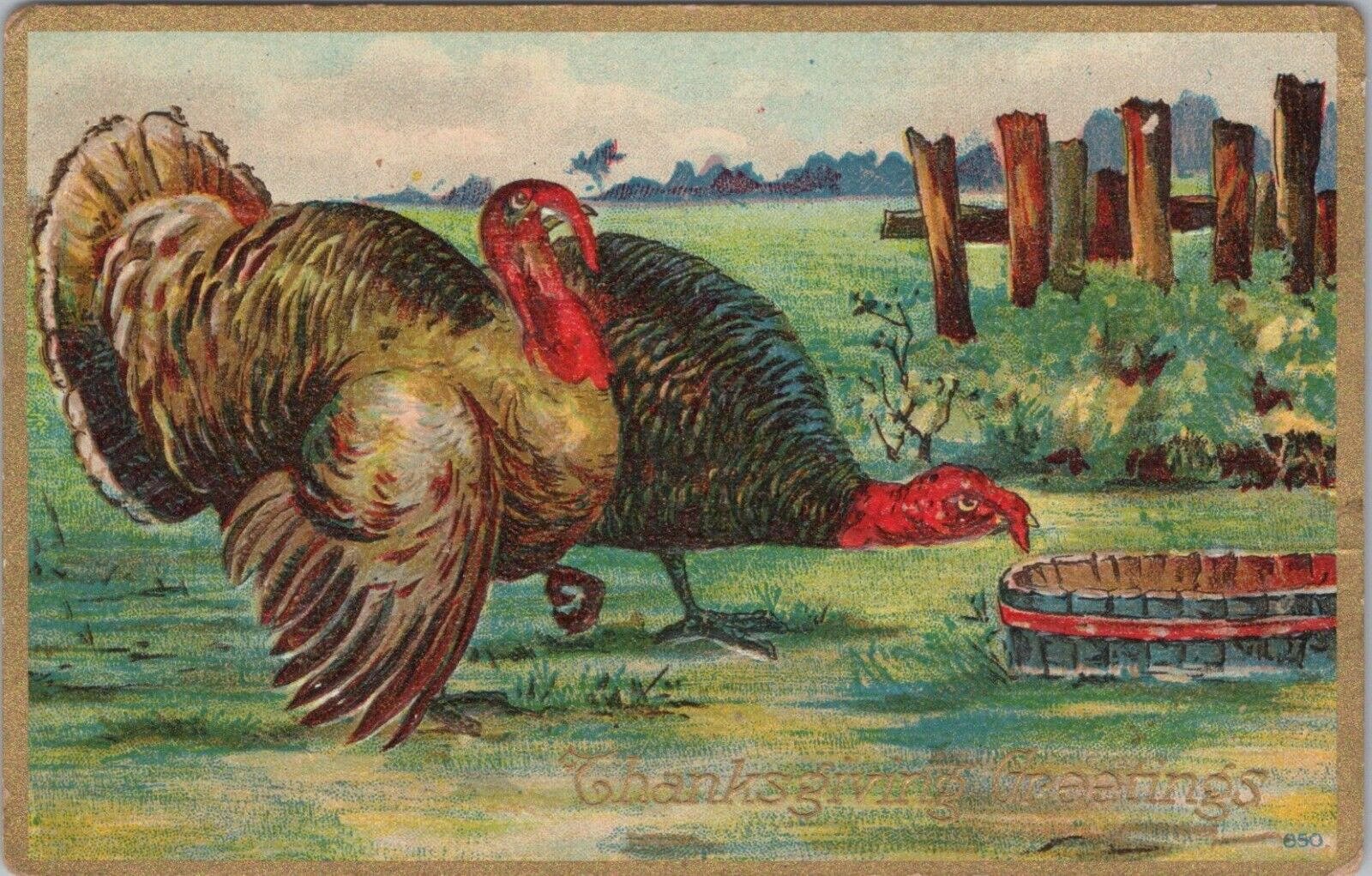 c1910 Thanksgiving Greetings Turkeys ~Embossed Colorful Vintage Postcard