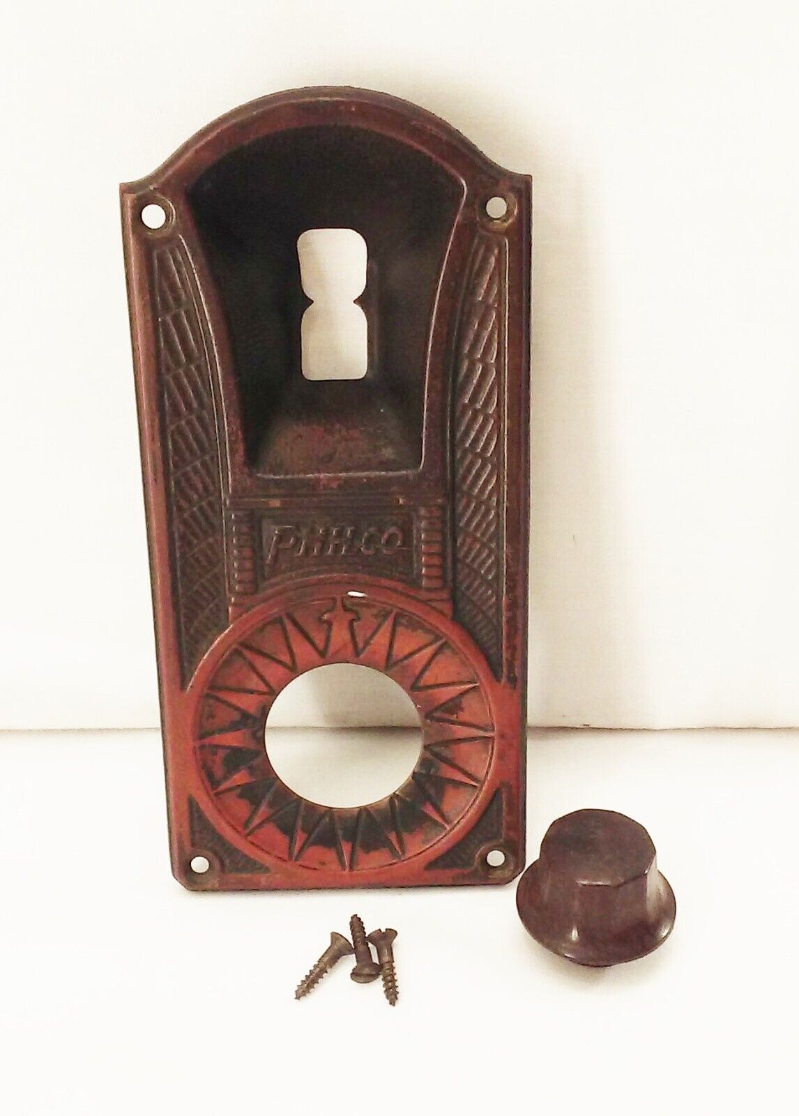 Vtg antique Philco floor cabinet tube radio Brass metal tuner bezel cover & knob