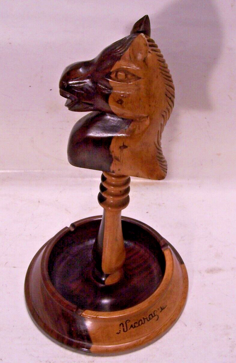 Vintage Ashtray Lounge Smoking Stand-Wooden Chess Knight Horsehead-Hand Carved