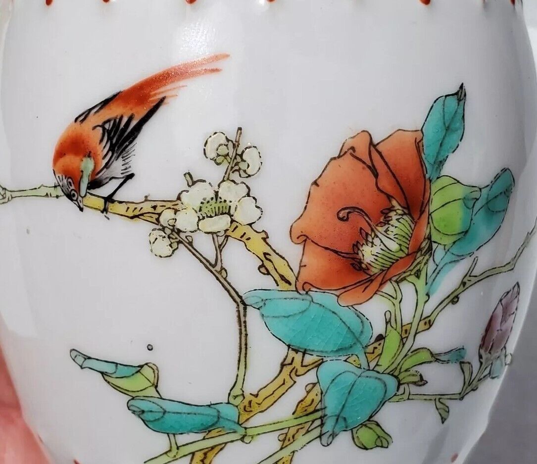 Vintage Chinese famile Rose Ginger barrel jar Enamel Birds Flower 
