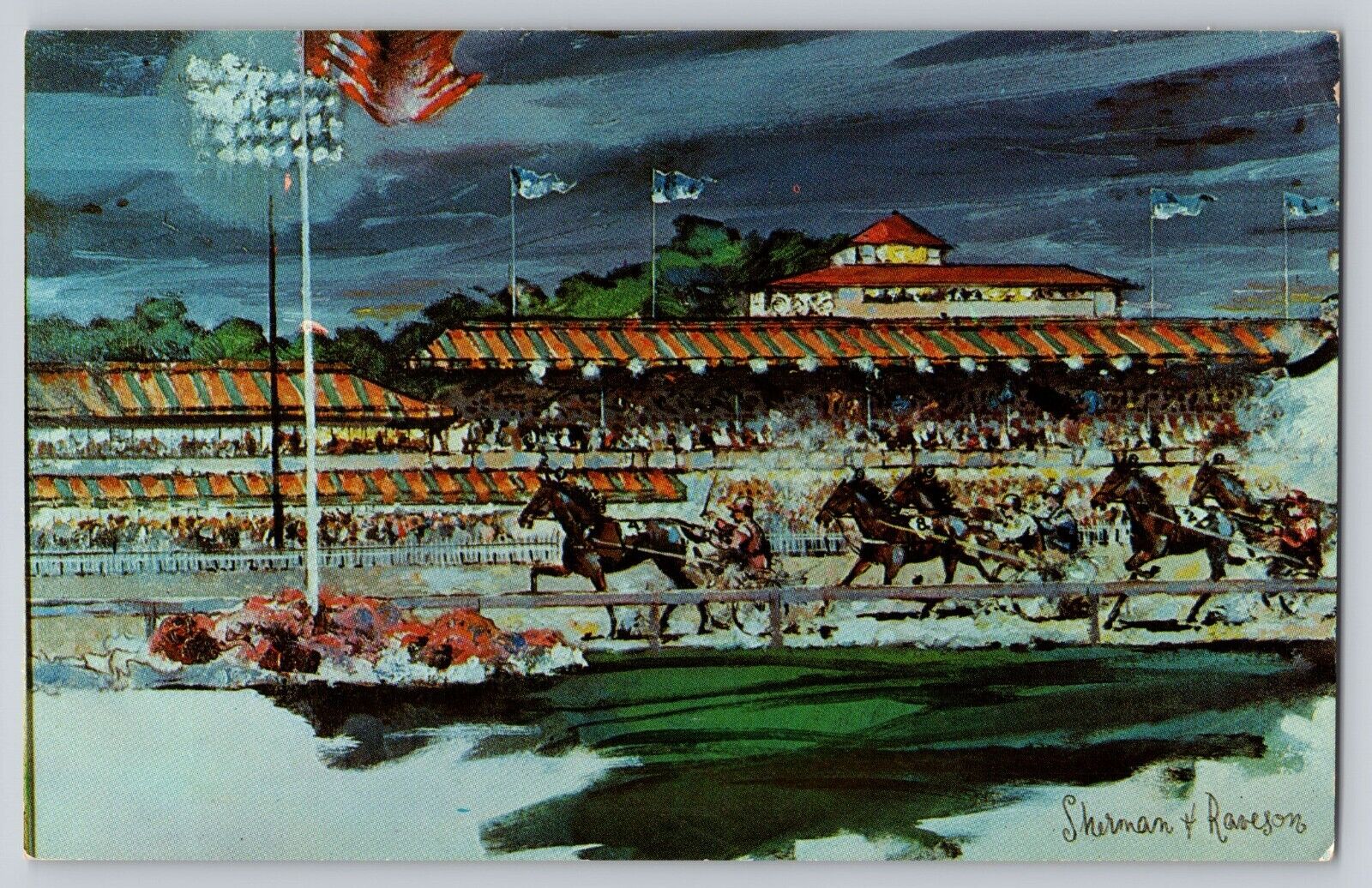 Postcard New York Saratoga Raceway Horses Sherman Raveson Painting Home Free 67