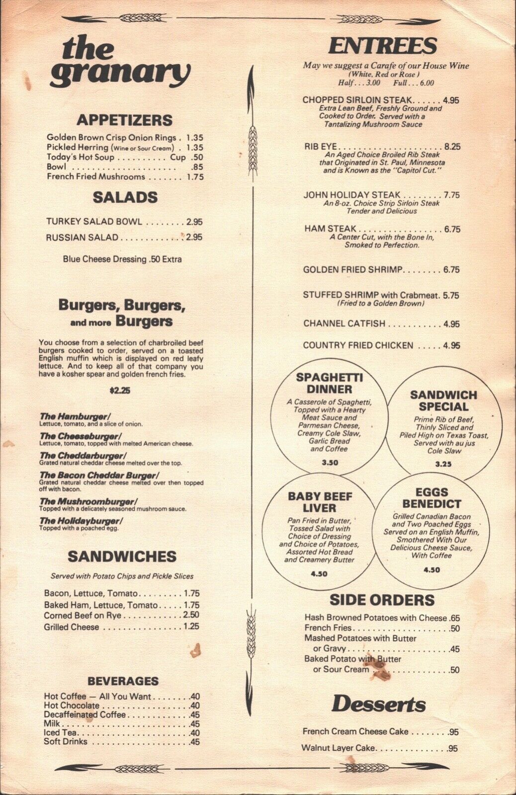 1980s THE GRANARY vintage restaurant dinner menu GEORGETOWN, MARYLAND