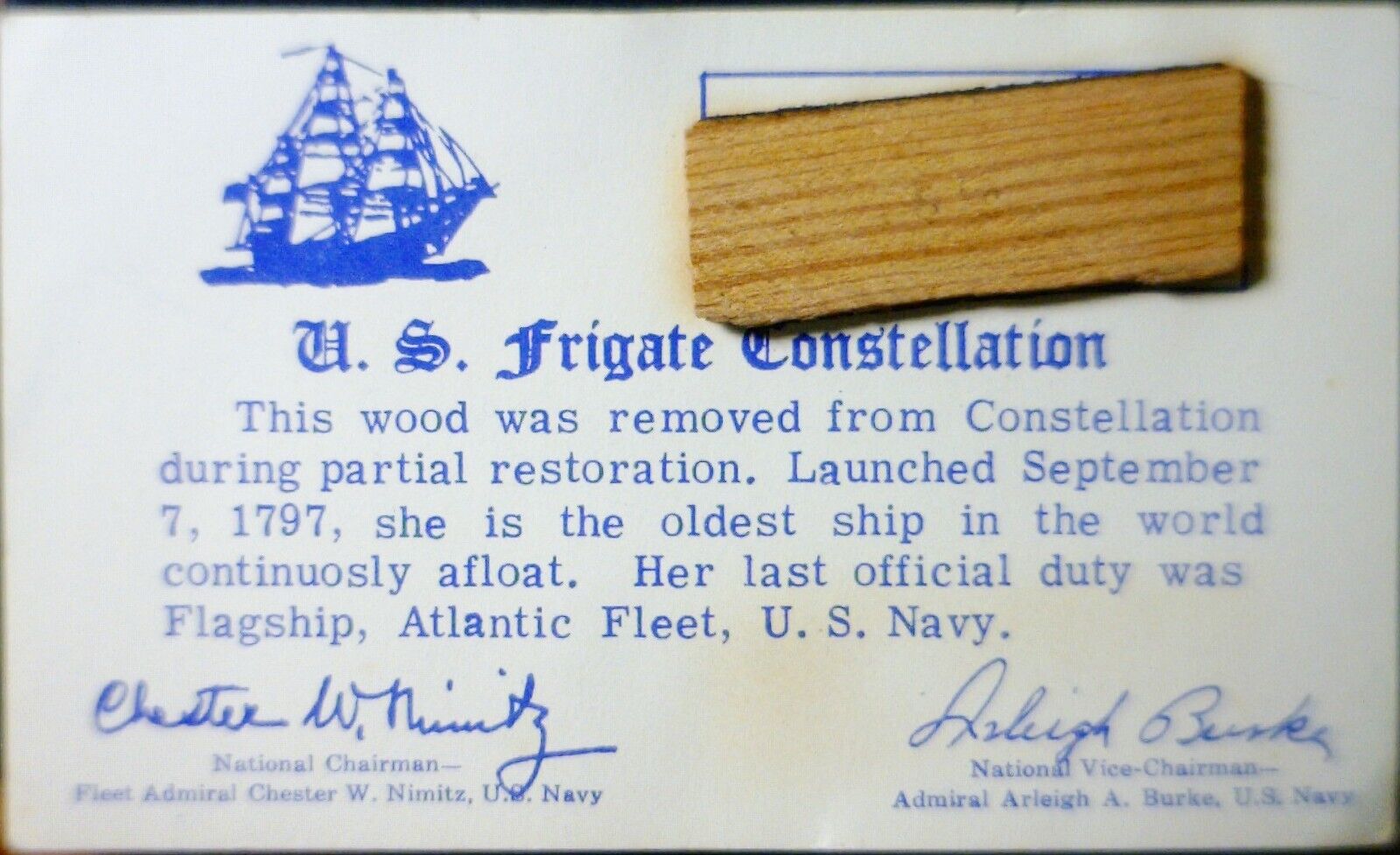 1797 USS FRIGATE CONSTELLATION Genuine Pc. of WOOD from the Ship NR