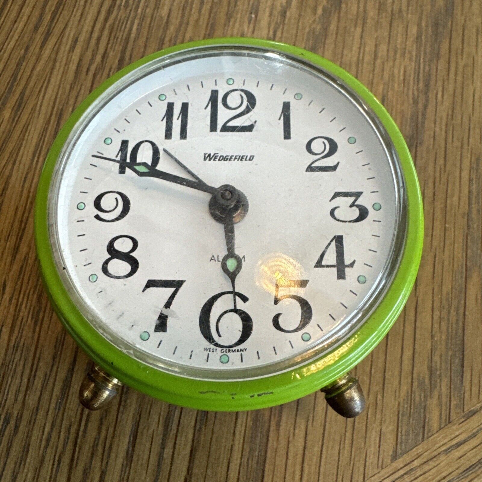 Wedgefield Vintage Wind Up Alarm Clock Green Tested Works West Germany Brass