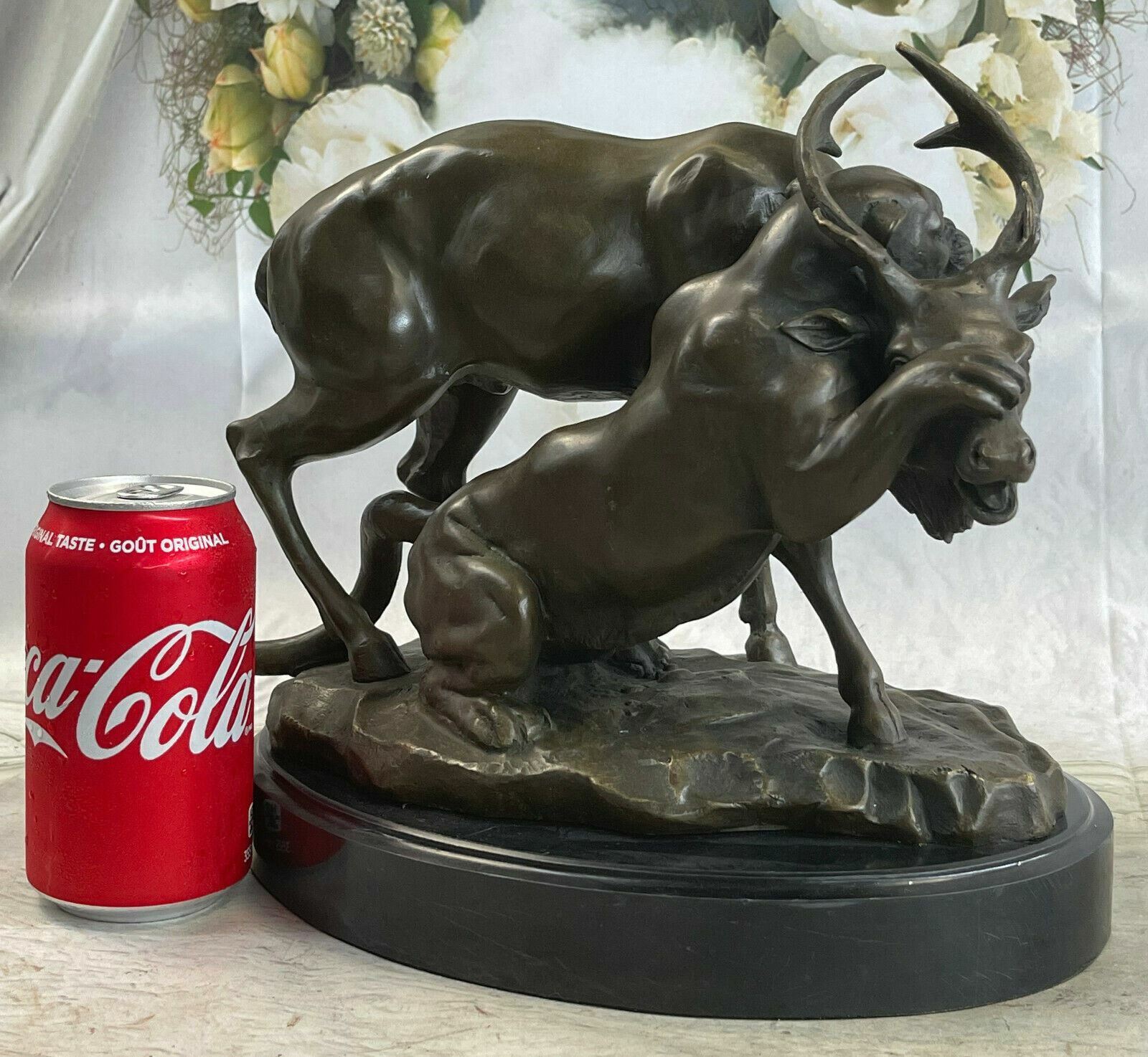The King of The Jungle Real Bronze Lion Figurine Battle Attacking Buck Stag Sale