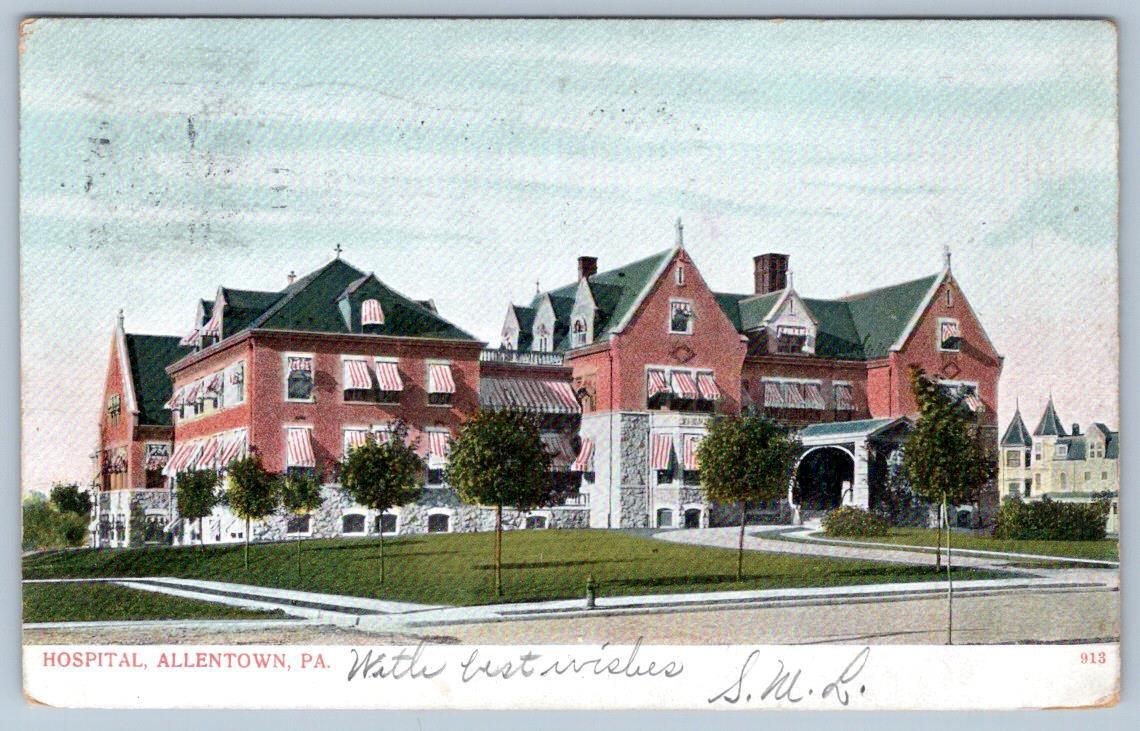 1906 HOSPITAL ALLENTOWN PENNSYLVANIA PA POSTCARD RED & WHITE STRIPE AWNINGS