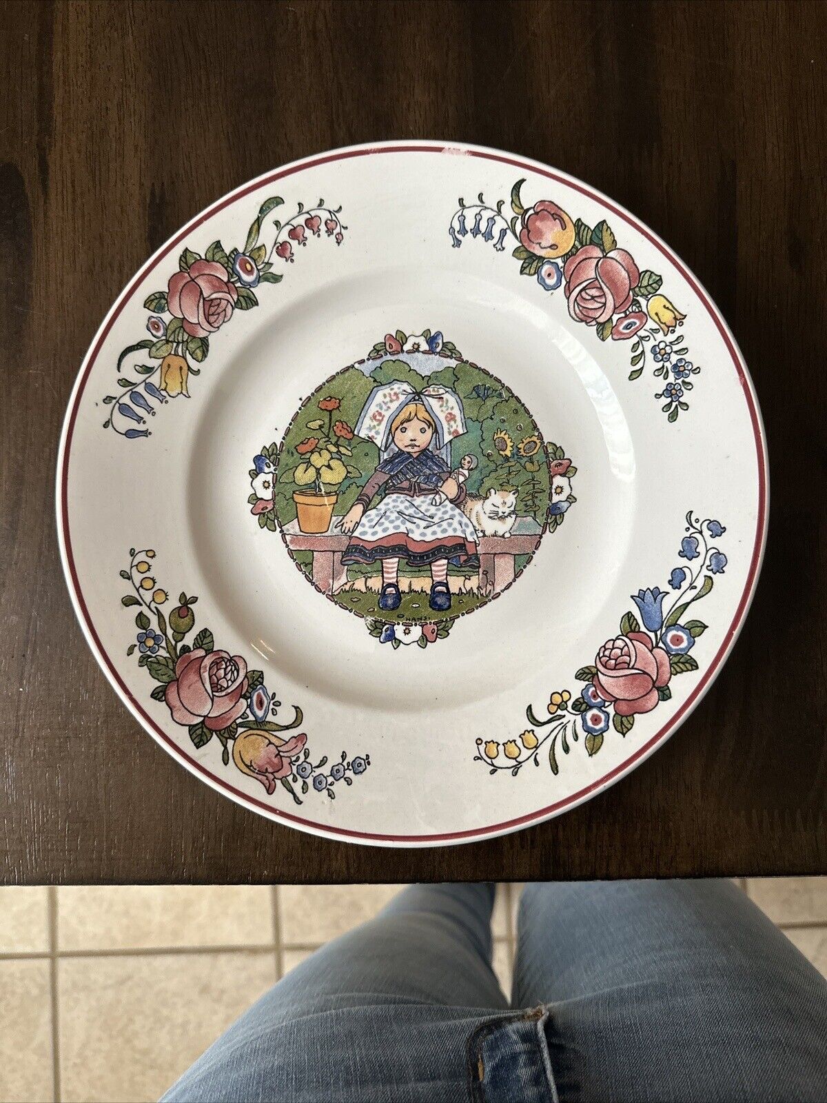 vintage Hansi Annales Sarreguemines France Plate Girl And Cat With Flowers.