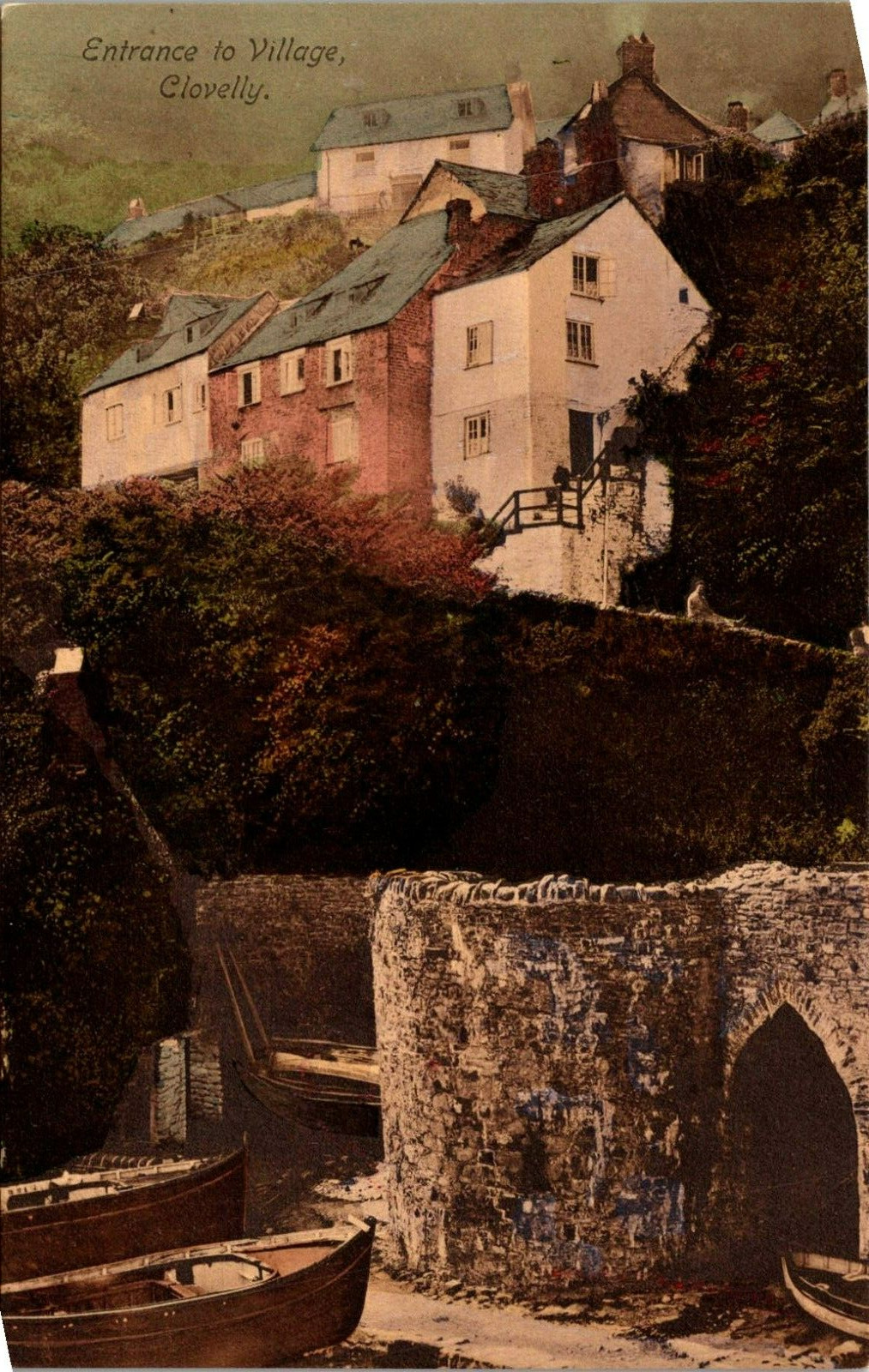 Entrance to Village, Clovelly Majestic Series Postcard & Row Boats