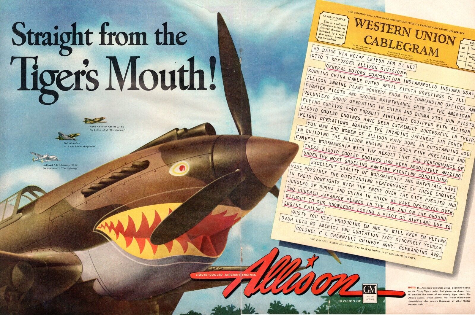 1942 WW2 AD for ALLISON Liquid  Cooled Engines for P-40 FLYING TIGER AVG 012023