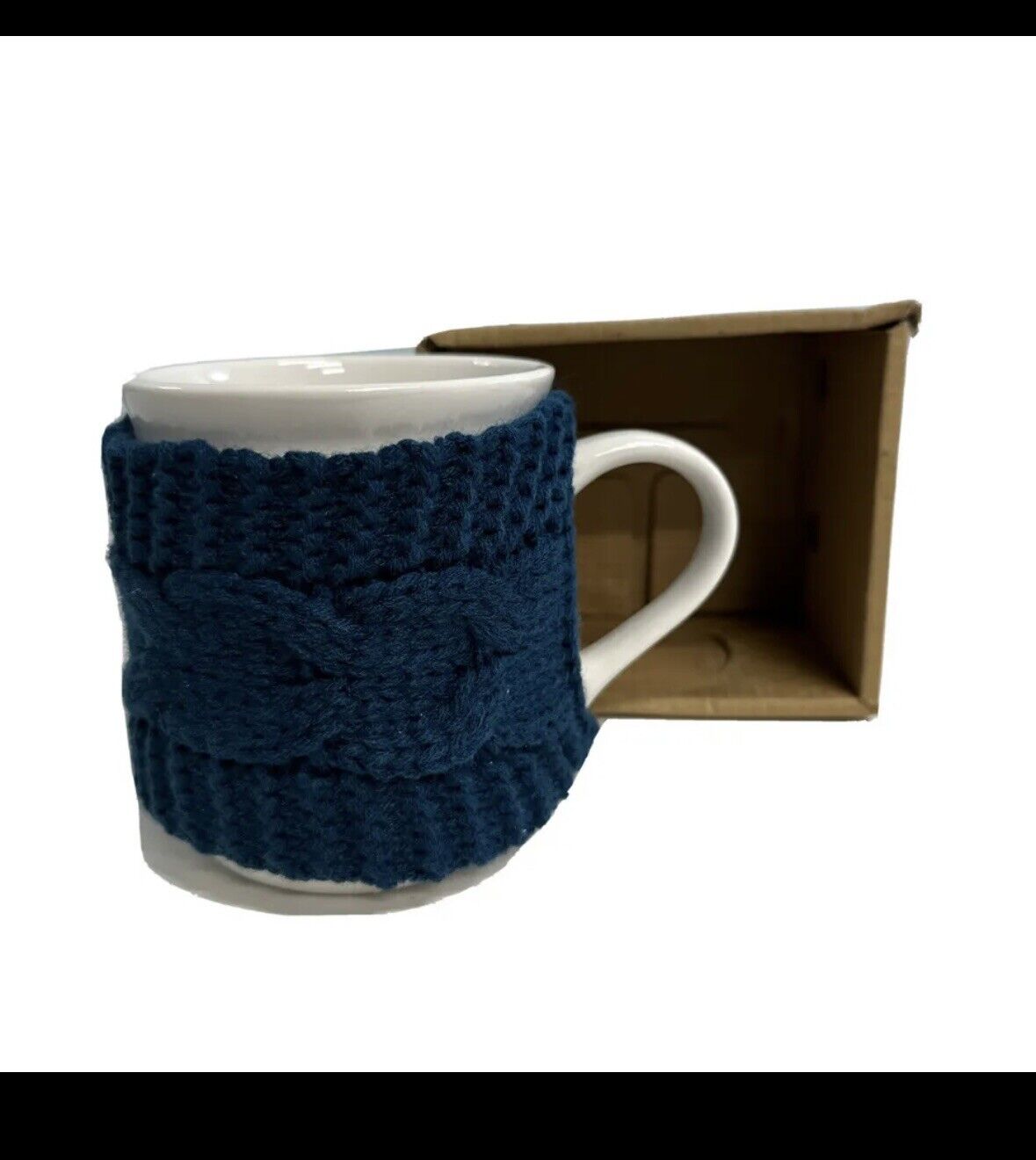 Blue Cozy Knit Coffee Tea Mug Sweater knitted White mug