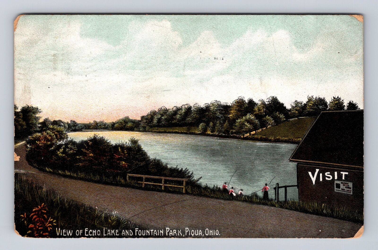 Piqua OH-Ohio, Echo Lake, Fountain Park, Antique Vintage Souvenir Postcard