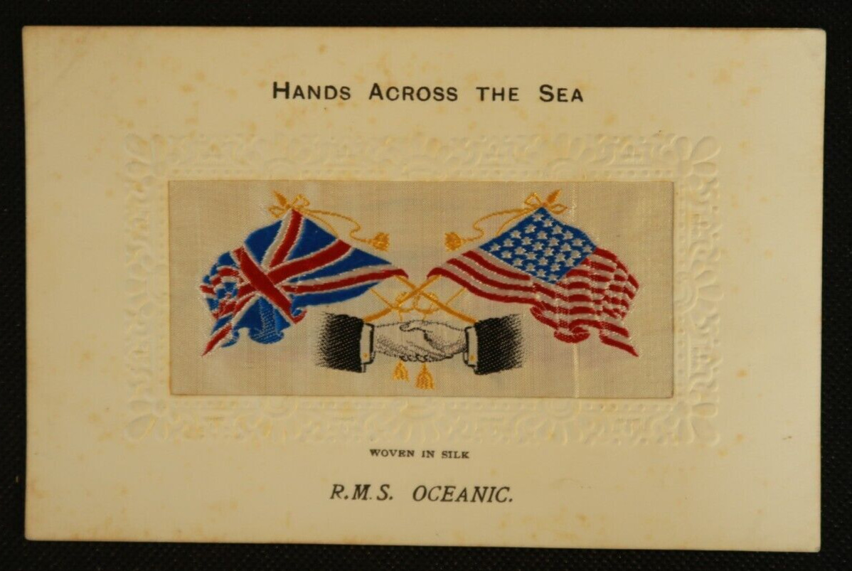 R.M.S. Oceanic Steamship Vintage Postcard Woven in Silk Hands Across The Sea
