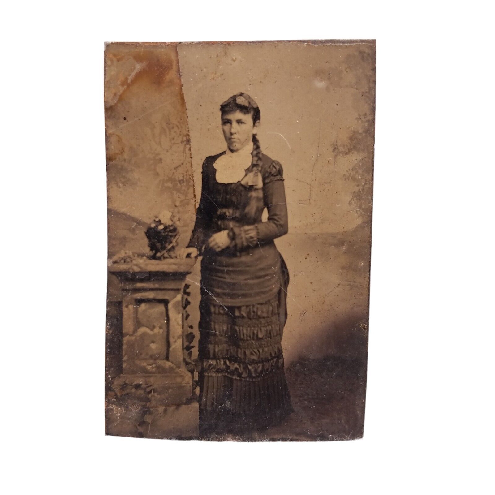 Antique Tintype Studio Photo Victorian Woman Standing Pedastal Braid Bustle