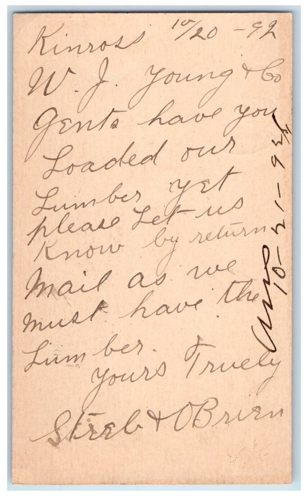 1892 Young & Go Streb & O\'Brian Clinton Iowa IA Posted Antique Postal Card