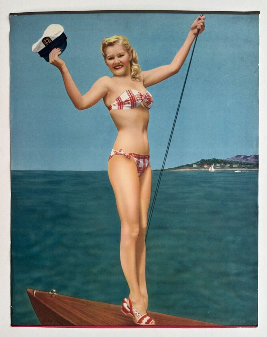 Original Vintage 1948 Tin-Top 16x20 Pin-Up Poster Print, Blonde Sailer in Bikini