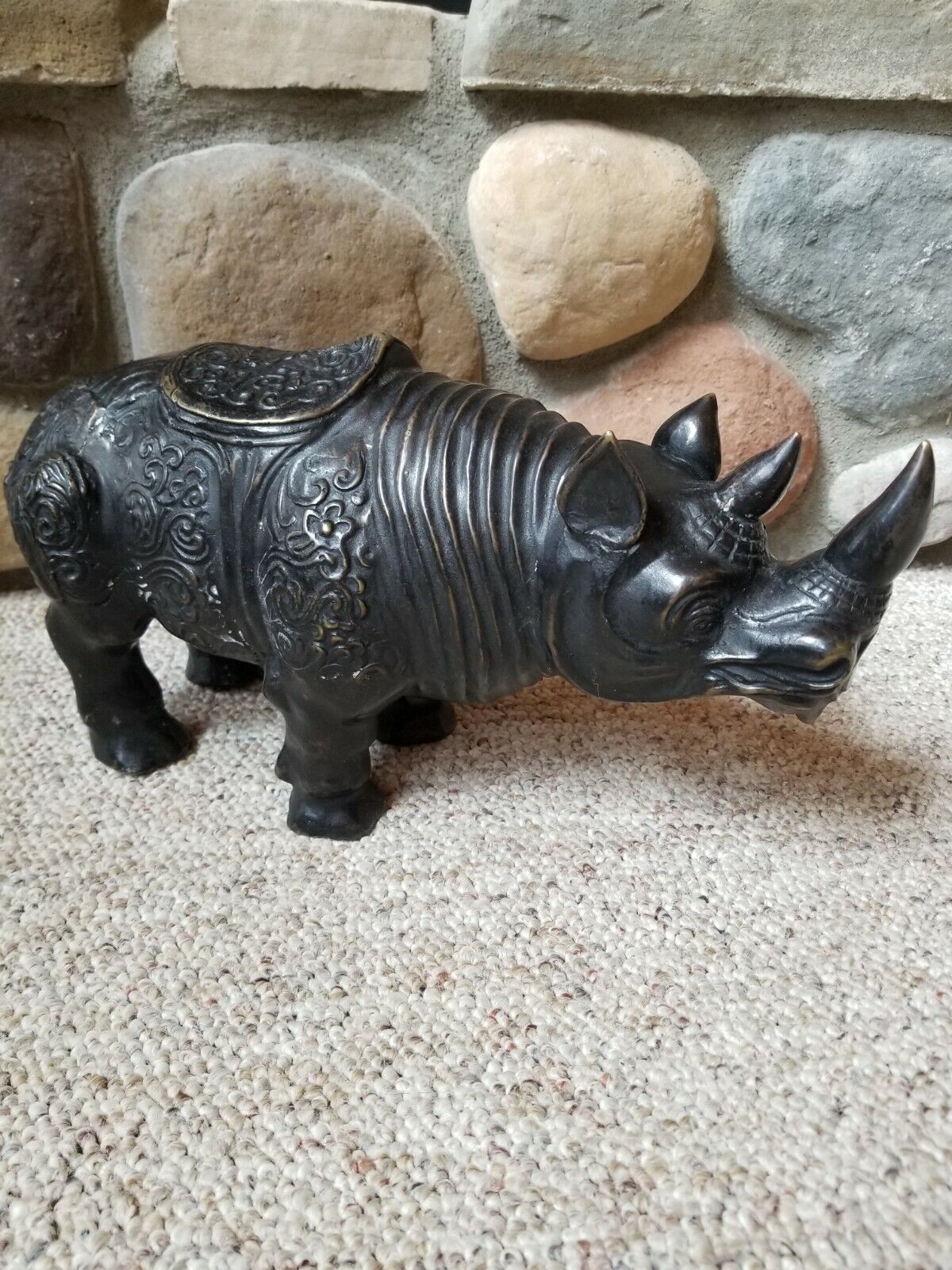 Antique Deco Brass Hand Painted War Rhinoceros Sculpture Zimbabwe African Art
