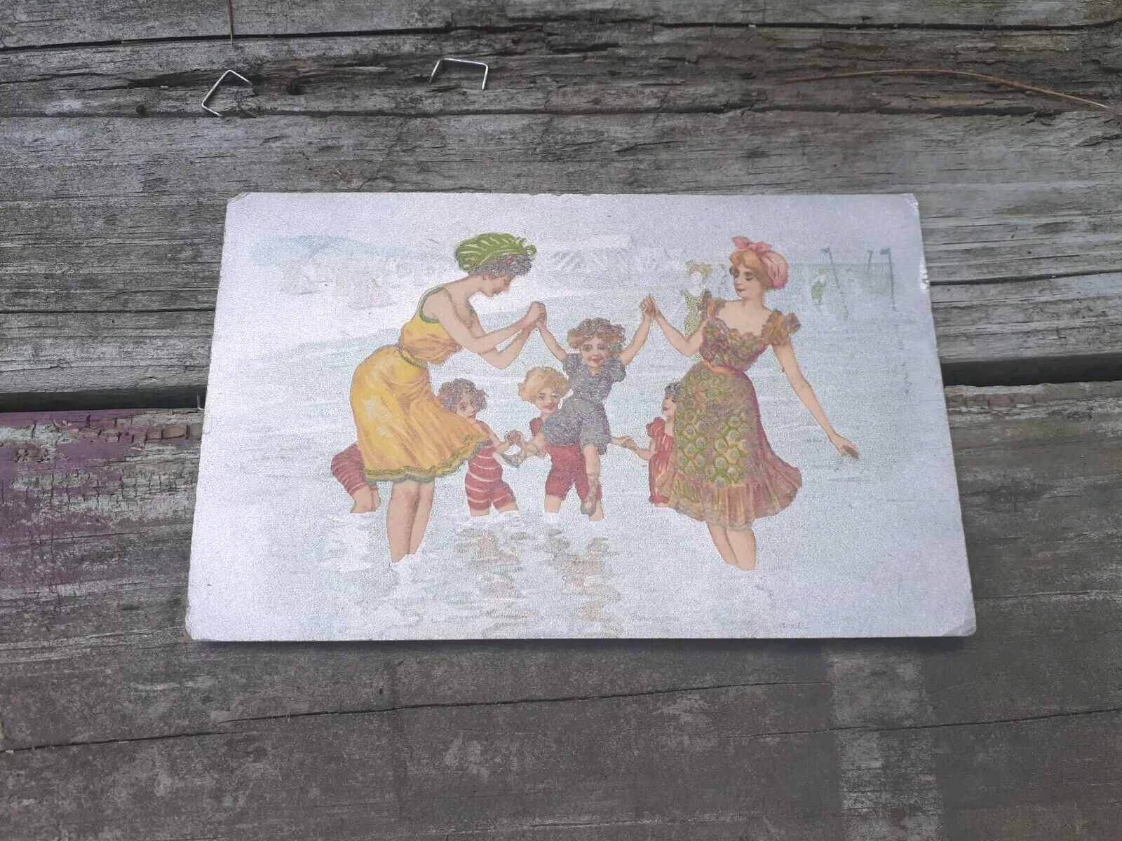 Antique Darling 1920s Summer Beach Postcard Women & Children Reflective 